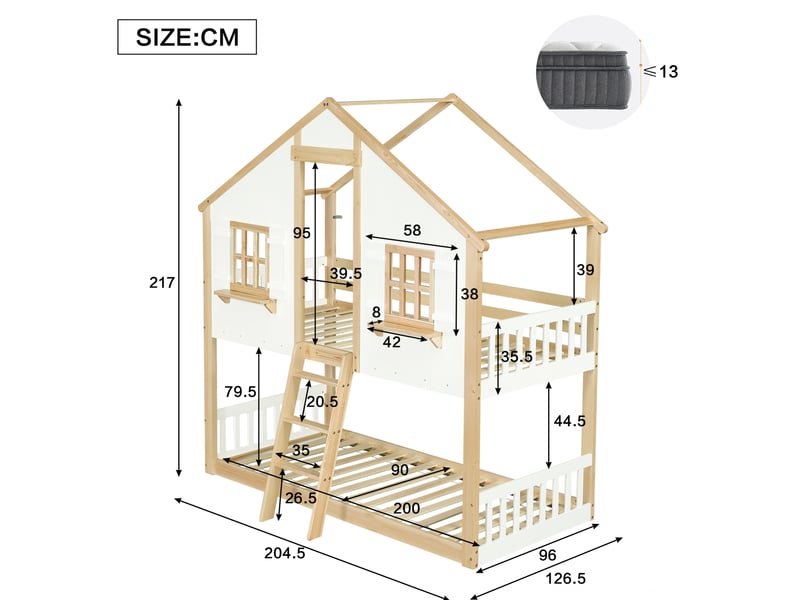 Lit superposé enfant 90 x 200 cm avec toit, fenêtres et échelle, blanc et naturel - Conforama C