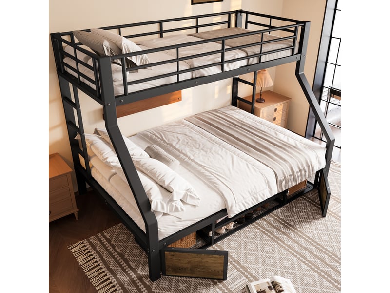 Lit superposé enfant 90 x 200 et 140 x 200 cm, placard à chaussures, noir - Conforama E