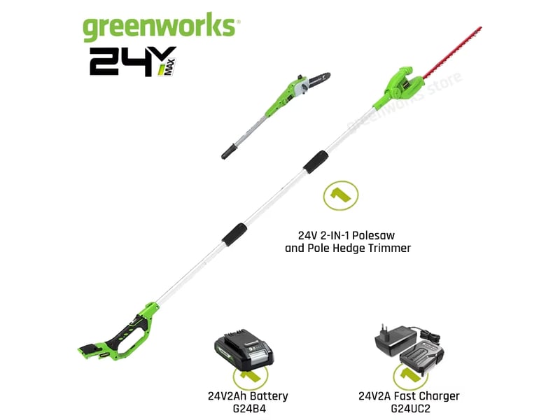  Greenworks 24 v 2 en 1 scie à poulies et taille-haie avec bandoulière scie à poulies de 8 pouces et tondeuse 51 cm avec batterie 2 ah et chargeur  - Conforama A
