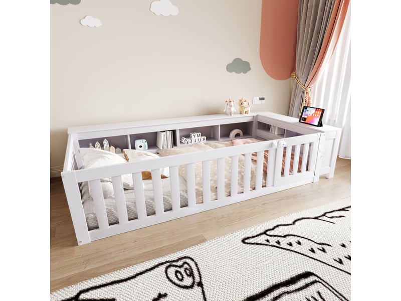  Lit enfant 90x200 cm, étagère, espace de rangement, garde-corps, sommier, bois blanc, sans matelas  - Conforama W