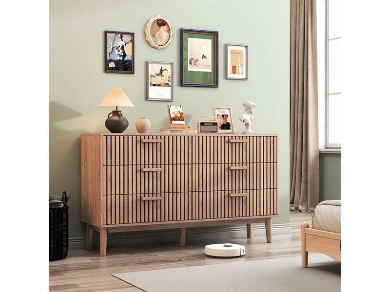  Commode 100x34x73cm - commode de chambre 6 tiroirs à façade cannelée et pieds surélevés - chêne naturel  - Conforama D
