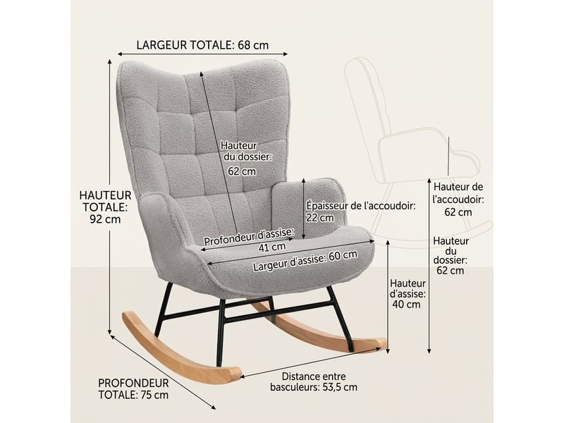  Chaise à bascule, fauteuil a bascule avec polaire sherpa, allaitement fauteuil pour salon, chambre, balcon, gris clair  - Conforama C