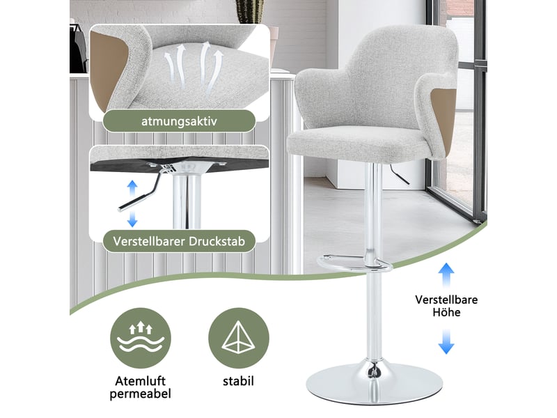  Lot de 2 tabourets de bar réglables,45x37,6x118 cm,tissu,gris et marron  - Conforama D
