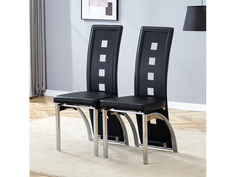  Lot de 2 chaises de salle à manger h 102 cm, chaise cuisine, dossier géométrique, design contemporain, métal argenté, pu noir  - Conforama B