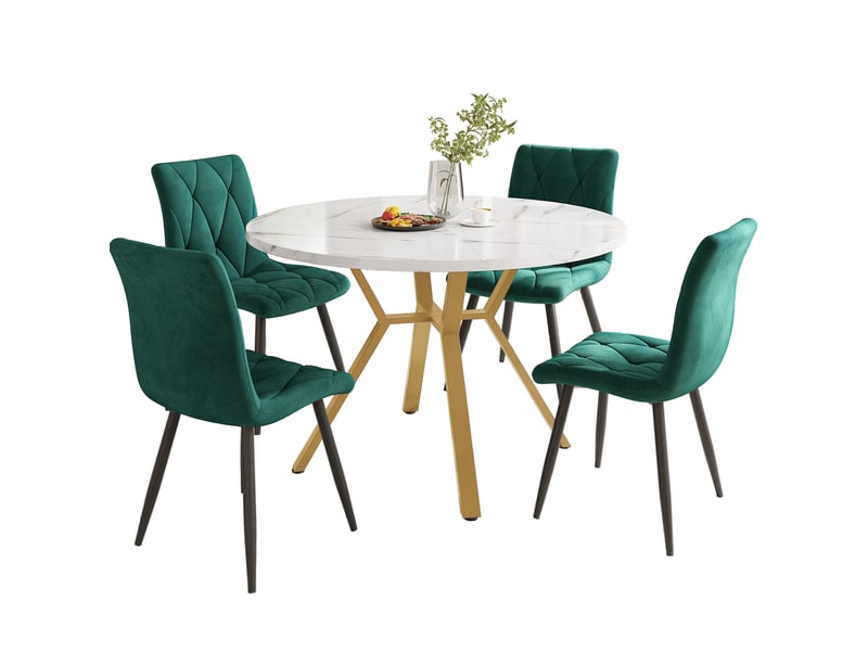  Ensemble table et chaises salle à manger (5 pièces) - table ronde moderne minimaliste en mdf avec marbre et pieds métalliques dorés, 4 chaises vertes en velours ergonomiques  - Conforama A