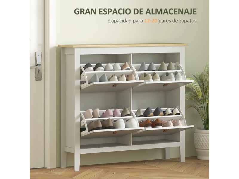 Étagère à chaussures étroite à 4 compartiments avec poignées en similicuir pour entrée et couloir, 105 x 24 x 95,5 cm, blanc et bois - Conforama E