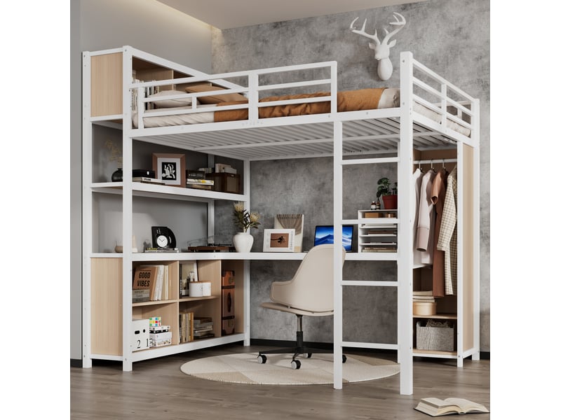 Lit mezzanine enfant 140x200 cm avec bureau, rangement 2 niveauxet armoire, échelle, métal et bois, blanc sans matelas  - Conforama D