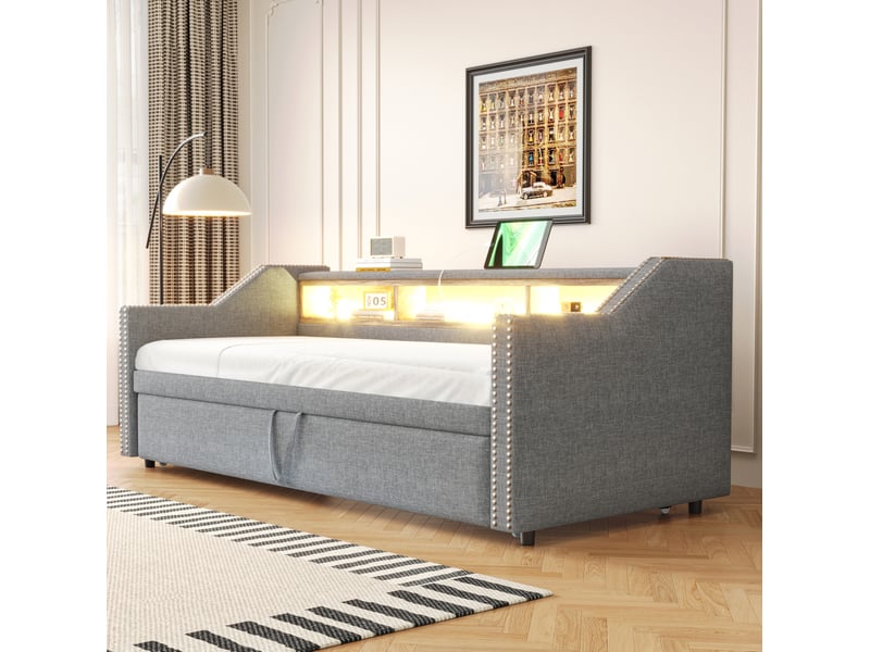  Modenvie banquette-lit gigogne 90180x190 cm - avec rangement, led et port usb, avec 2 matelas - gris  - Conforama D