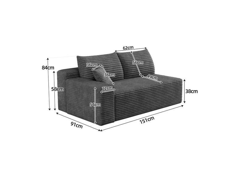  Petit canapé 2 places gris foncé avec accoudoir gauche, canapé compact 151 cm pour salon et studio  - Conforama W
