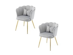 Lot de 2 fauteuils modernes en velours, dossier pétale, pieds métal doré et coussins papillon