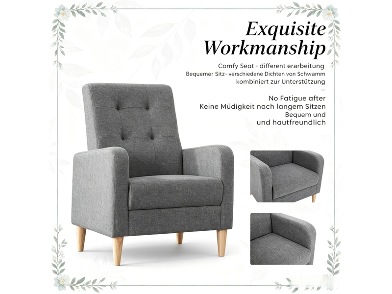  Fauteuil d'accent 61x54x90.5cm – fauteuil lounge individuel avec dossier haut capitonnée et pieds en bois massif – tissu lin - anthracite  - Conforama A