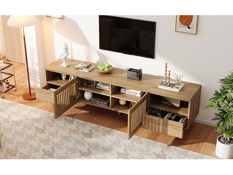  Meuble tv 180 cm en mdf, 2 portes ajourées, 2 tiroirs, pour écran 55 à 75 pouces, bois naturel  - Conforama D