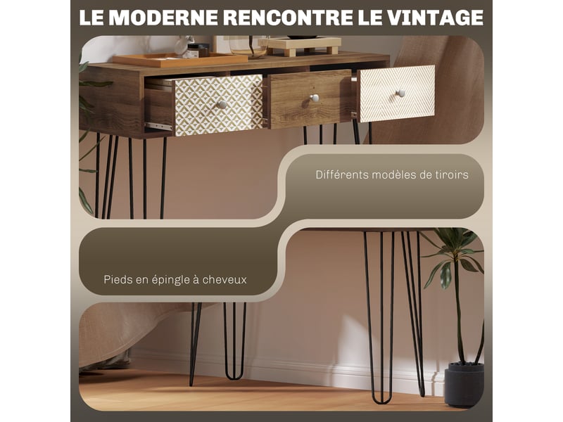  Table console avec 3 tiroirs, table d'entrée étroite avec pieds en épingle à cheveux en acier, marron, 90 x 30 x 75 cm  - Conforama R