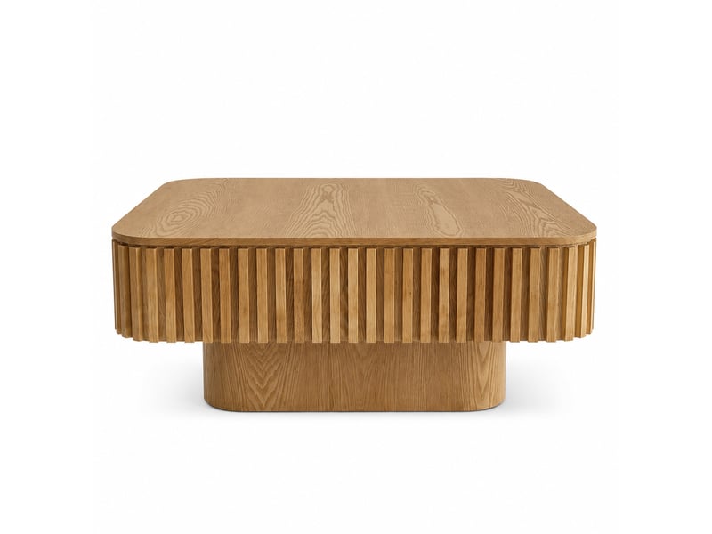  Table basse carrée 75x75 cm – bois naturel – rangement dissimulé, plateau amovible et design strié moderne  - Conforama D
