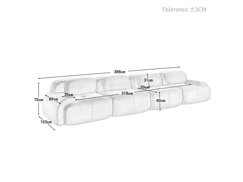  Canapé modulable 4 places sans cadre 388x103x75 cm en velours côtelé, mousse haute résilience 32d, design ergonomique, compatible animaux - vert Bliss Lite - Conforama C