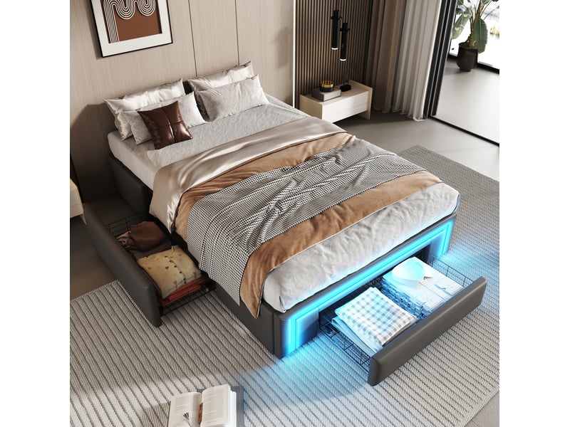  Modenvie lit avec tiroirs 90x200 cm - éclairage led, rangement intégré - sans tête de lit - gris  - Conforama B