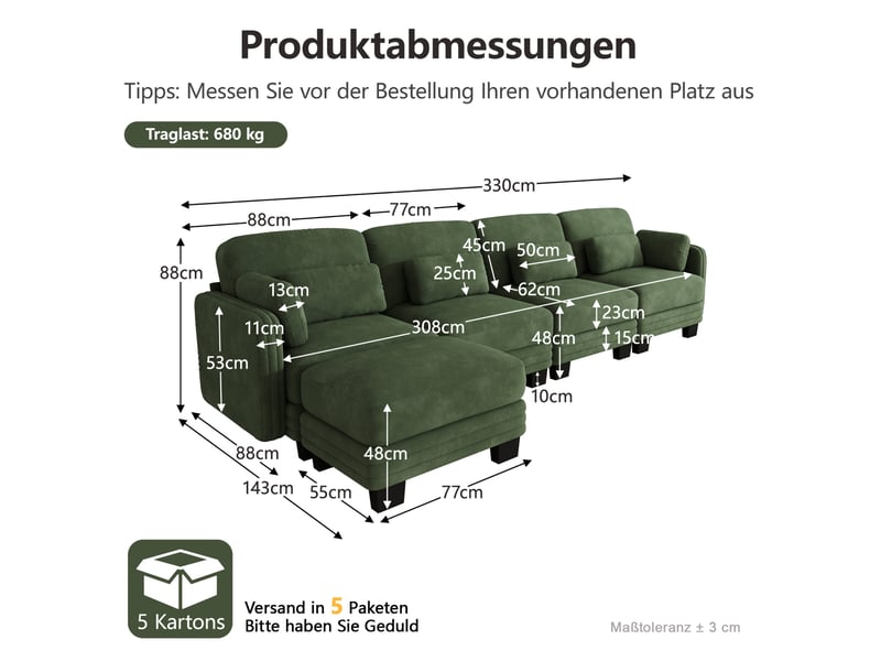 Canapé d’angle modulaire 4 places 330x143x88 cm, coussins lombaires et accoudoirs, avec pouf, tissu en chenille, vert - Conforama C
