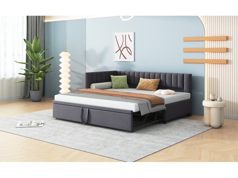  Canapé-lit gigogne d'angle multifonction 90 x 200 cm en velours gris, couchage 180 x 200 cm  - Conforama W