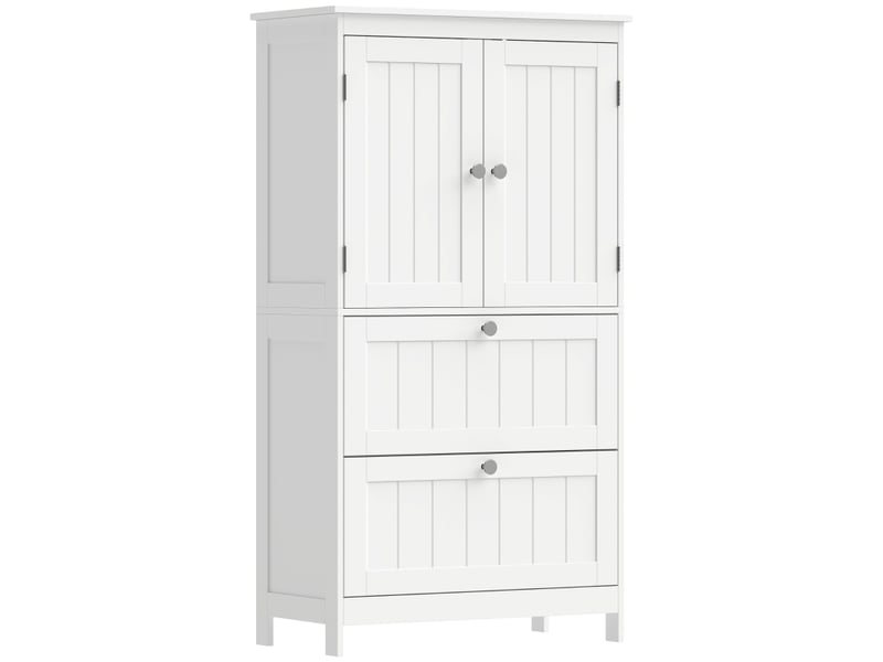  Meuble de salle de bain autoportant avec 2 tiroirs, étagère réglable et portes à lattes, blanc  - Conforama A