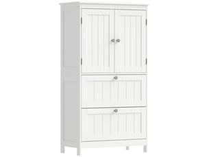 Meuble de salle de bain autoportant avec 2 tiroirs, étagère réglable et portes à lattes, blanc