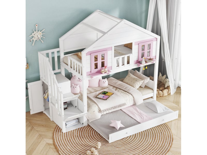 Lit superposé enfant 90x200 cm avec lit gigogne, escalier de rangement 3 marches, penderie latérale, fenêtres décoratives et toit, sommier à lattes stable, structure en pin, mdf et contreplaqué, blanc et rose - Conforama B