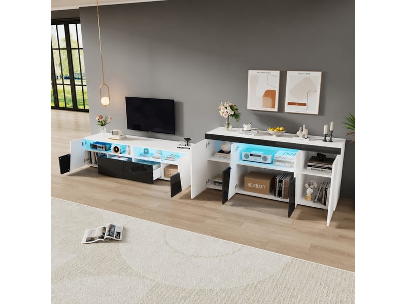  Ensemble meuble tv et buffet de salon avec éclairage led, meuble tv 180 x 38,5 x 45 cm et buffet 140 x 40 x 65 cm, noir et blanc  - Conforama D