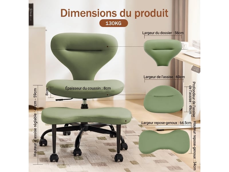  Chaise de bureau verte et chaise de méditation en similicuir, pivotante avec hauteur réglable et repose-pieds rétractable, 67x80x84 cm  - Conforama C