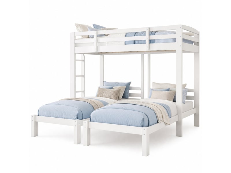  Lit superposé triple enfant 200×90 cm, 3 couchages, échelle latérale réversible, rangement, sans matelas, en pin blanc  - Conforama A