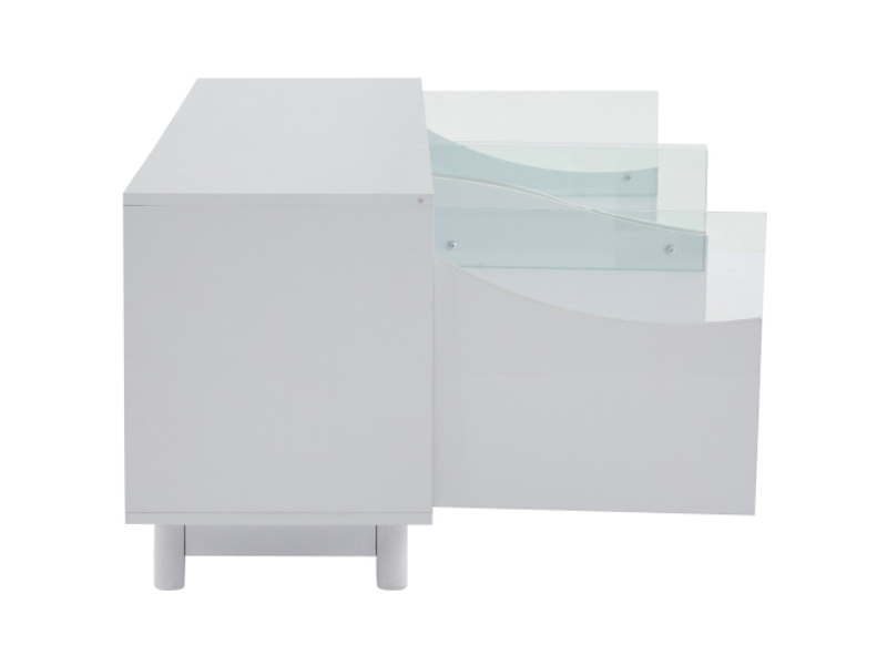  Meuble tv incurvé blanc brillant avec porte en verre trempé et éclairage led – 175×38×51 cm – salon &amp; chambre  - Conforama E