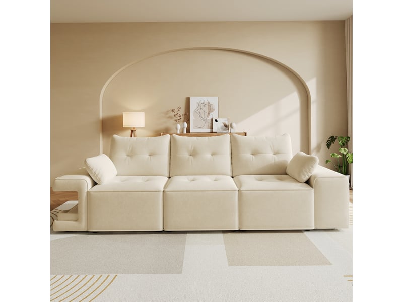  Canapé droit 3 places modulaire, velours beige avec accoudoirs larges, fonction rangement intégré &amp; niche animaux pour salon et appartement  - Conforama E