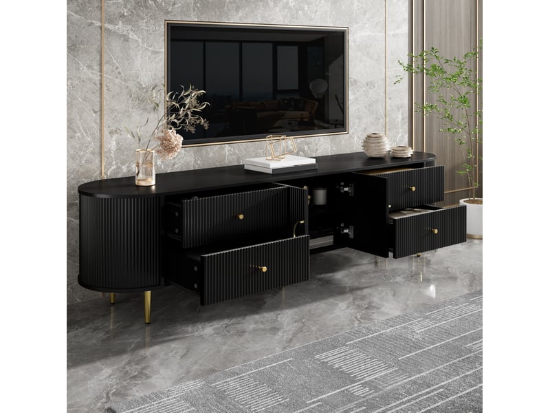  Meuble tv avec 2 tiroirs, 2 portes, étagère fixe et passe-câbles, bords arrondis pour salon en mdf noir  - Conforama C