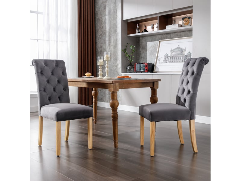 Chaise de salle à manger lot de 6 avec dossier capitonné et ressorts en s, pieds en chêne, velours gris  - Conforama E