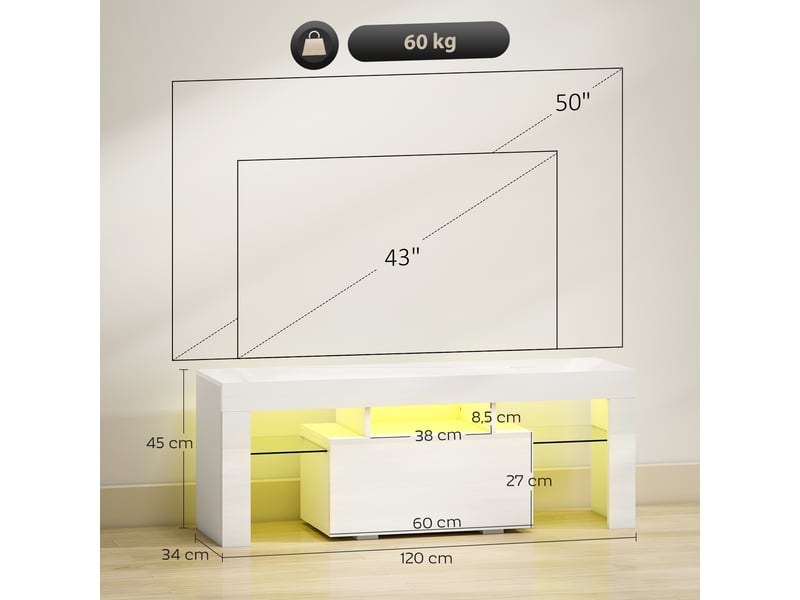  Meuble tv avec led rgb et étagères en verre trempé blanc 120x34x45 cm  - Conforama C
