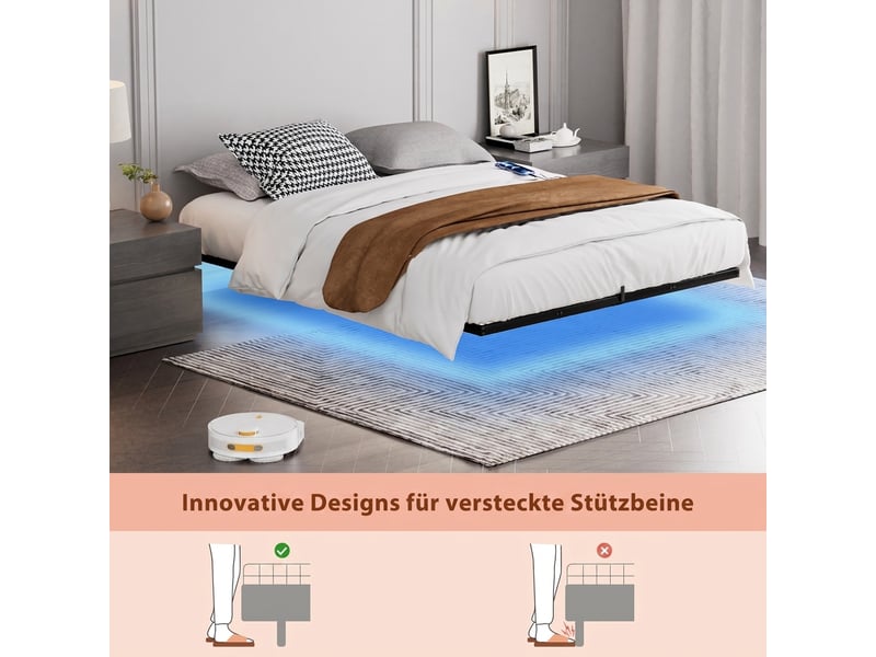  Lit flottant 160x200 cadre de lit métal noir avec éclairage led et station de charge usb  - Conforama W