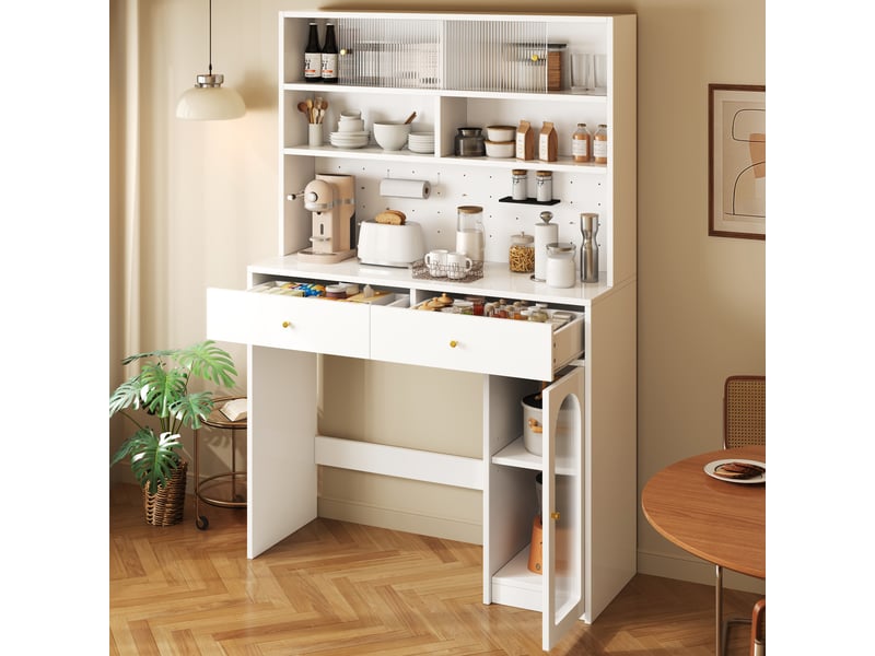  Meuble cuisine 120x45x180 cm avec plan de travail, rangement haut, 2 tiroirs et étagères, armoire de cuisine avec porte verre - blanc  - Conforama C