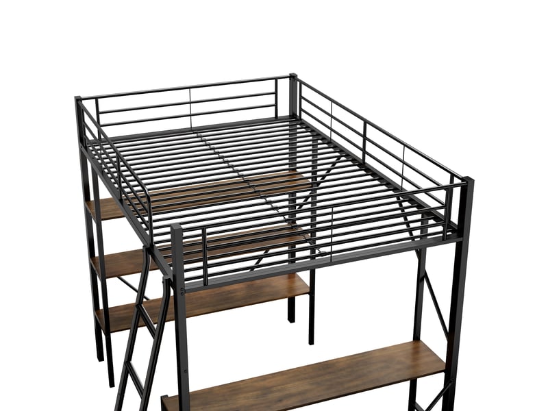 Lit mezzanine métal 90x200cm - bureau intégré - 3 étagères - sécurité en747 - noir - Conforama W