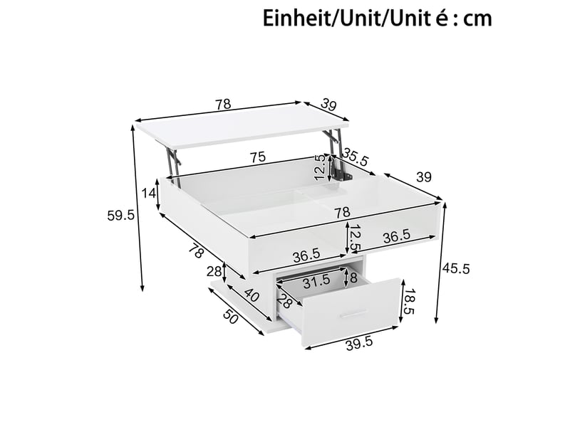  Table basse relevable multifonctionnelle avec led, hauteur réglable, rangement, blanc  - Conforama C