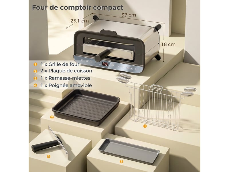 Mini-four électrique 3-en-1 1700 w, grille-pain à fente longue, gril de table 4,9l, écran led, minuterie 60 min, argenté - Conforama C