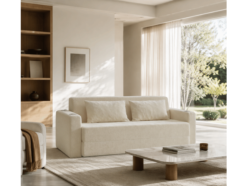 Canapé convertible 2 places pliable avec usb et porte-gobelets, en chenille beige 153 × 77 × 65 cm - Conforama D