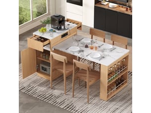 Ilot central de cuisine - 80,5x58x94cm - desserte extensible avec table, prises, led et roulettes - bois naturel