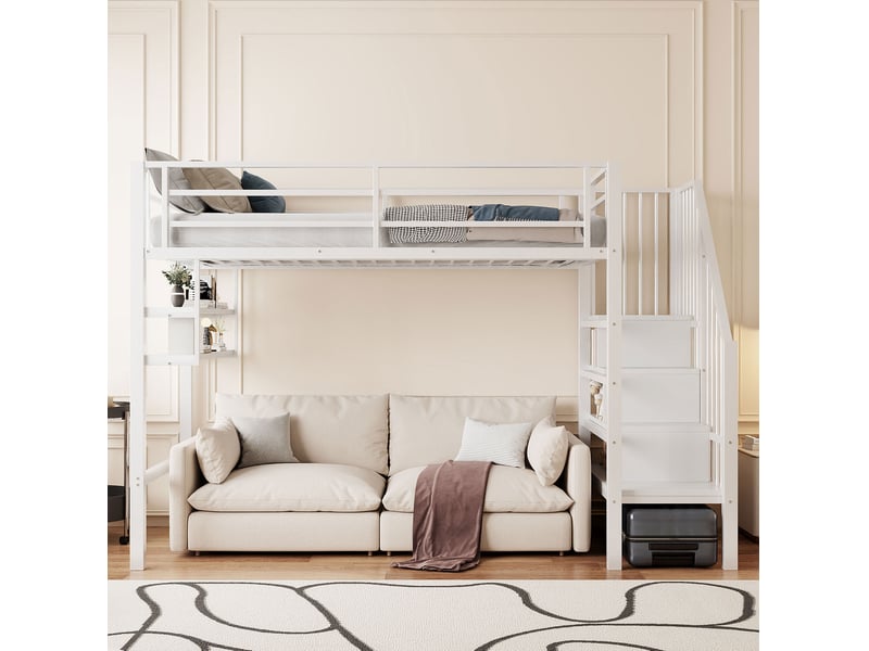  Lit mezzanine enfant 90x200 cm avec rangements et échelle blanc  - Conforama D
