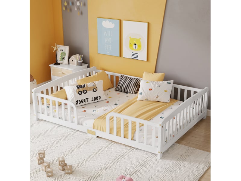  Lit au sol enfant modenvie 140 x 200 cm avec barrières de sécurité ouverture centrale pin et contreplaqué blanc  - Conforama B