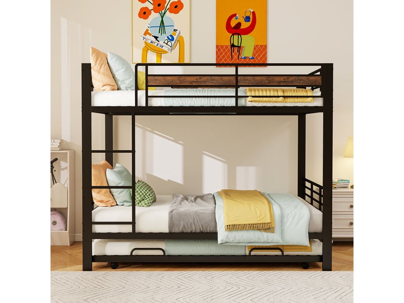  Lit superposé 140x200 cm en métal avec lit gigogne, 3 couchages, barrières de sécurité, échelle et structure anti-grincement - noir  - Conforama C