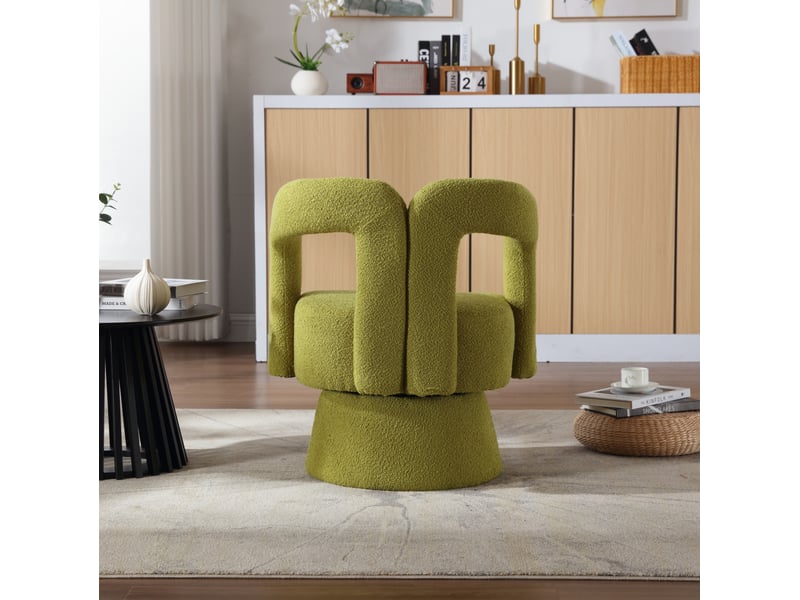  Fauteuil pivotant à 360° en tissu bouclette vert olive  - Conforama D