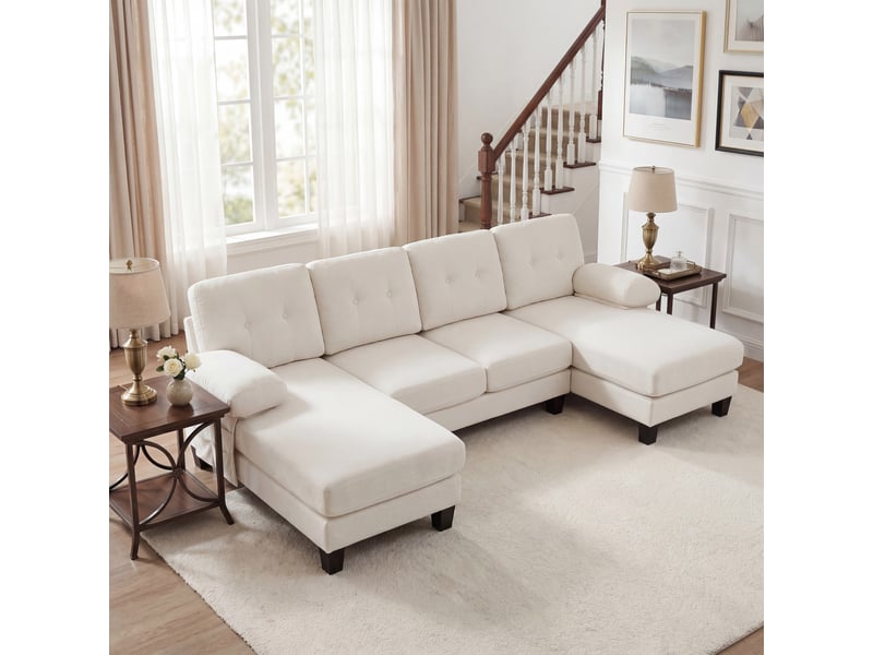 Canapé panoramique 4 places en forme de u, revêtement chenille beige, dossier capitonné et structure stable pour salon moderne - Conforama B