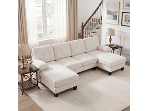 Canapé panoramique 4 places en forme de u, revêtement chenille beige, dossier capitonné et structure stable pour salon moderne