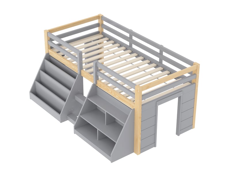 Lit surélevé enfant 90x200 cm avec étagères de rangement, barrières, échelle et éclairage led, pin gris et naturel - Conforama A