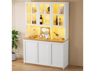 Vitrine buffet 120 x 24,5 x 200 cm, éclairage led, portes vitrées, grand rangement, bar et vaisselier, blanc