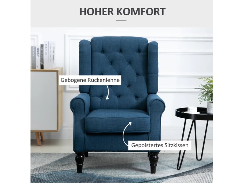 Fauteuil à oreilles rembourré avec dossier haut, accoudoirs arrondis et pieds en bois, en polyester bleu - Conforama E