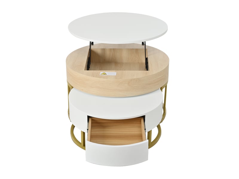  Combinaison de deux tables basses rondes (une grande et une petite), plateau réglable en hauteur, tiroir, structure en métal doré, aspect bois et blanc, corps en mdf, table de salon multifonctionnelle  - Conforama D